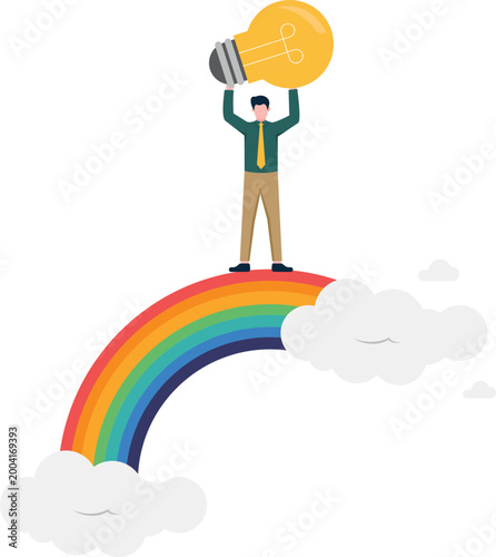 Professional holding idea bulb on a rainbow