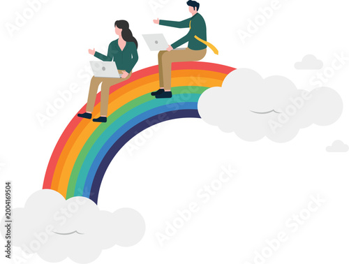 Team working together sitting on a rainbow