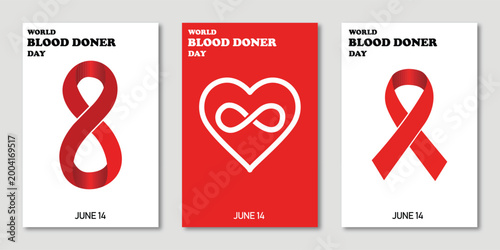 Bild auf Leinwand world blood donor day poster set with red ribbon and heart icons