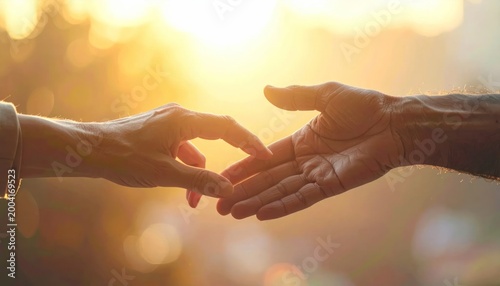 Close-up of two hands reaching out to touch in warm golden hour sunlight.