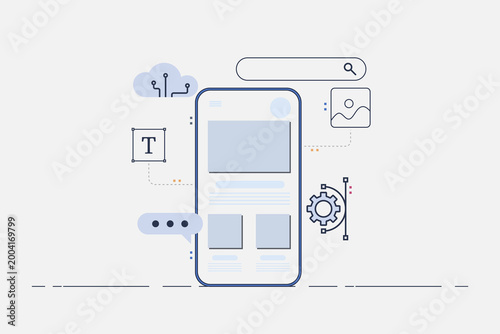 Mobile UI/UX development design concept. Smartphone with interface elements. Digital industry. Mobile app. Flat illustration for  banner