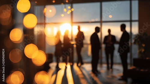 Sunset Business Networking: Professionals Connecting in Modern Office
