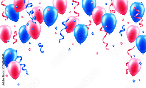 Vector frame with falling balloons and confetti isolated on transparent background. Festive decor elements for card, invitation, flyer, poster, banner, congratulation. 