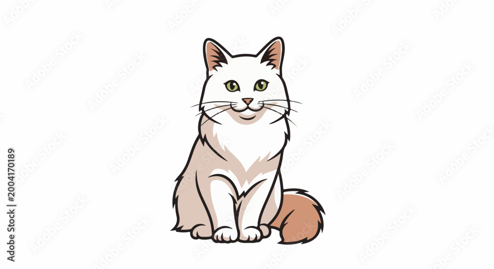 Fototapeta premium A cartoon cat with green eyes and a fluffy tail sits patiently