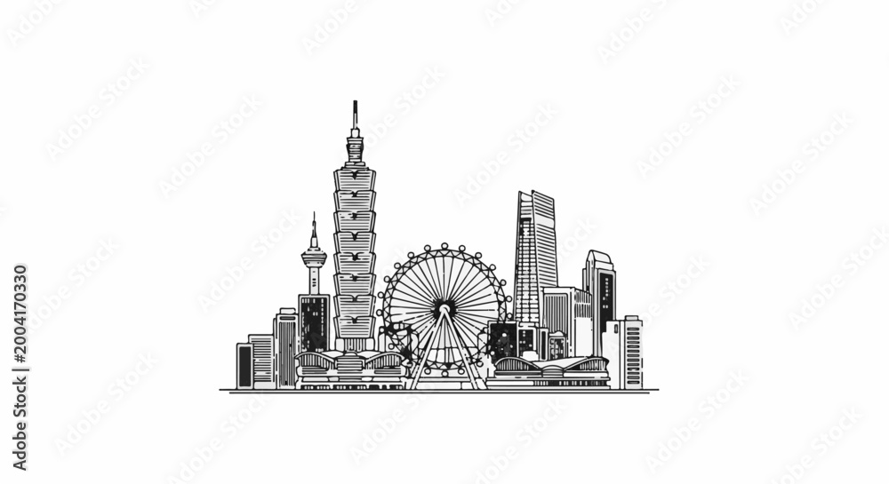 Obraz premium A black and white sketch of a bustling cityscape featuring skyscrapers and a Ferris wheel