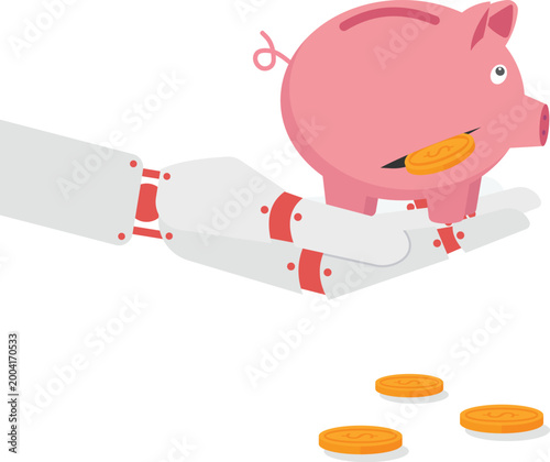 AI robot hand holding piggy bank with coins