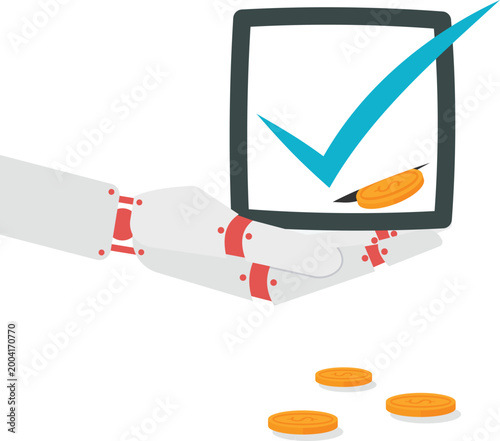 AI robot hand holding check mark document with coin