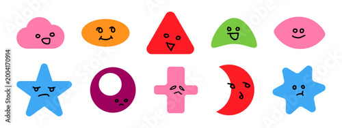 Geometric figure face Cute cartoon shapes with funny faces Star, oval, cloud elements with eyes set