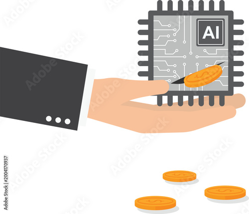 Human hand holding AI microchip with coin