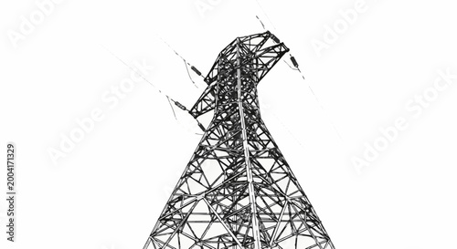 A monochromatic sketch of a towering industrial electricity pylon against a white background