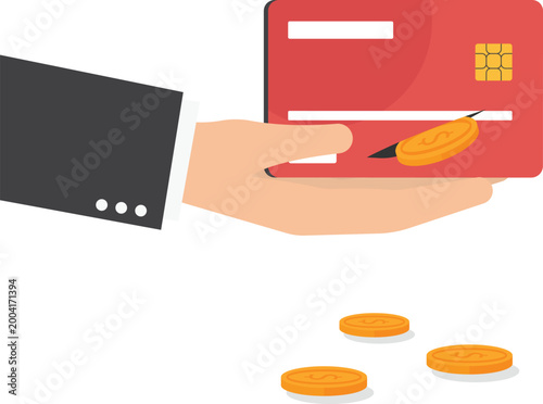 Human hand holding credit card with coin