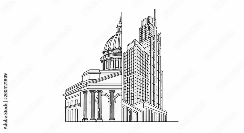 Fototapeta premium A juxtaposition of classical dome architecture and a modern skyscraper