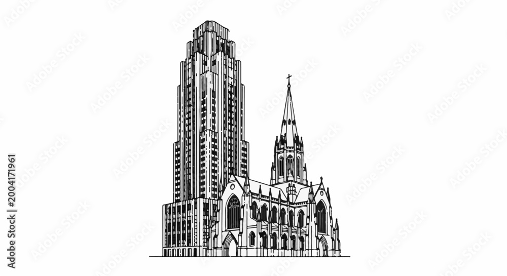 Obraz premium Gothic cathedral adjacent to a tall, modern skyscraper in a line drawing