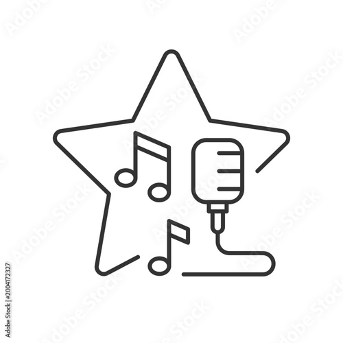 Open microphone shows linear icon. Stand up comedy. Music competition. Karaoke night. Thin line customizable illustration. Contour symbol. Vector isolated outline drawing. Editable stroke