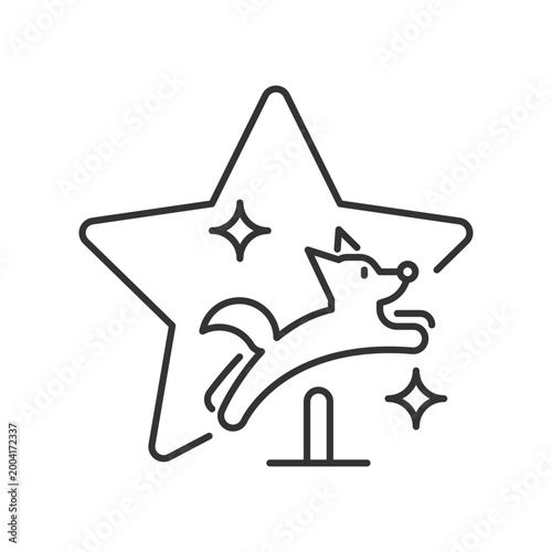 Pet training show linear icon. Dog trick competition. Doggy exhibition. Animal television program. Thin line customizable illustration. Contour symbol. Vector isolated outline drawing. Editable stroke