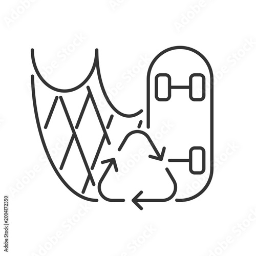 Skateboard made from fishing nets linear icon. Fishing gear reuse. Recycled plastic material. Thin line customizable illustration. Contour symbol. Vector isolated outline drawing. Editable stroke