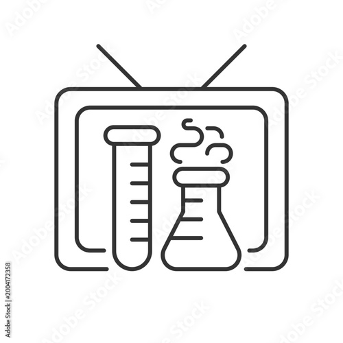 Scientific show linear icon. Educational TV series for learning science. Watch chemistry program. Thin line customizable illustration. Contour symbol. Vector isolated outline drawing. Editable stroke