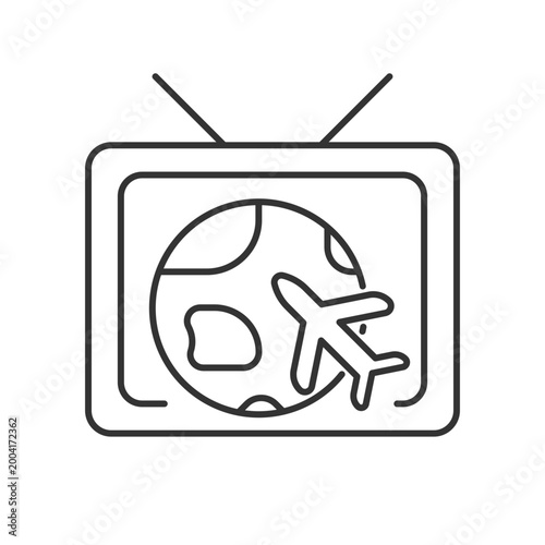 Travel and adventure show linear icon. Journey destination on TV series. Explore world. Thin line customizable illustration. Contour symbol. Vector isolated outline drawing. Editable stroke