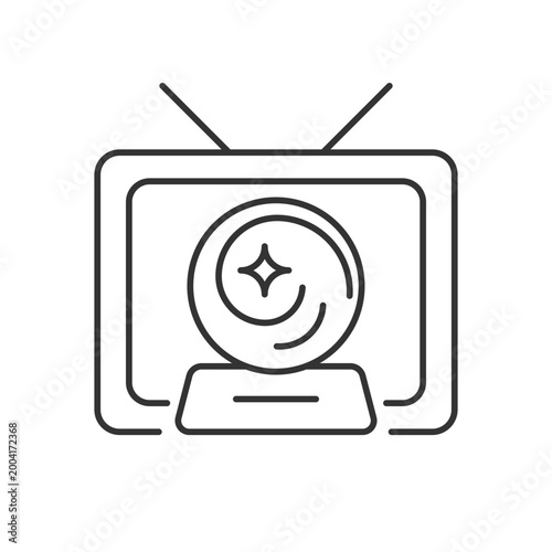 Mystic show linear icon. Mystery series on television channel. Fiction movie and film. Thin line customizable illustration. Contour symbol. Vector isolated outline drawing. Editable stroke