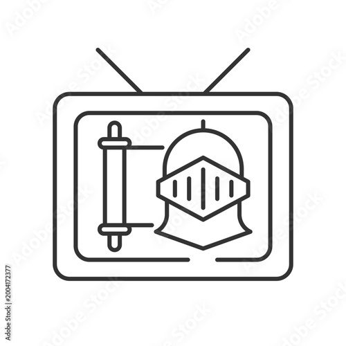 Historical show linear icon. Period drama TV series. Streaming service. Watch documentary. Thin line customizable illustration. Contour symbol. Vector isolated outline drawing. Editable stroke