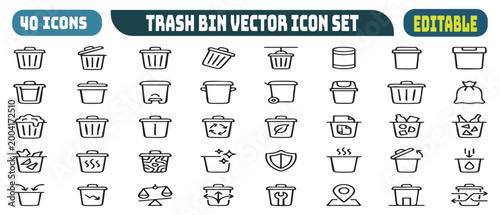 Collection of 40 diverse editable trash bin vector icons representing various waste management concepts on white background.