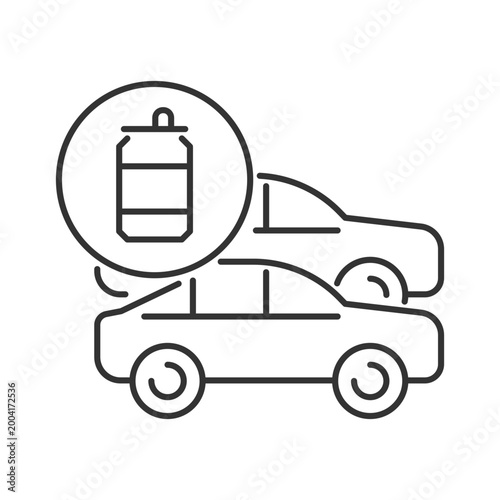 Cars made from recycled steel linear icon. Vehicles from aluminum cans. Reprocessed material. Thin line customizable illustration. Contour symbol. Vector isolated outline drawing. Editable stroke