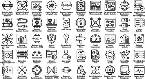 Tableau sur toile Quantum computing icon set featuring entanglement encryption qubits networking a
