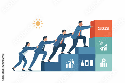 Team climbing stairs towards success and growth charts with start