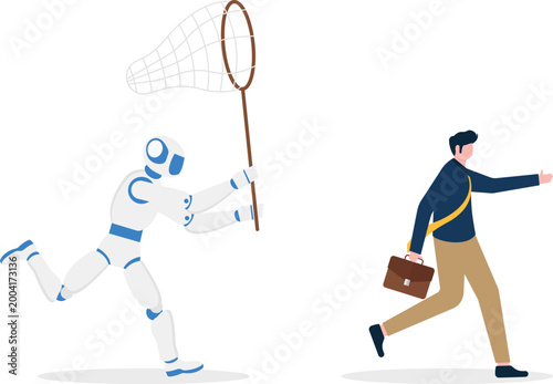 Robot with net chasing professional man