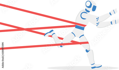 Robot breaking through red tape finish line