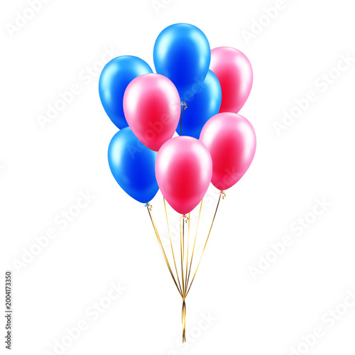 Bunch of balloons with gold ribbons, confetti and streamers isolated on transparent background. Vector illustration for card, invitation, flyer, poster, banner, congratulation. Festive decor elements.