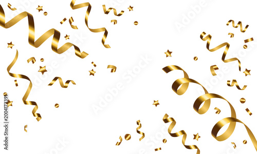 Vector golden flying ribbons and confetti isolated on a transparent background. Festive decor elements. Golden streamers.