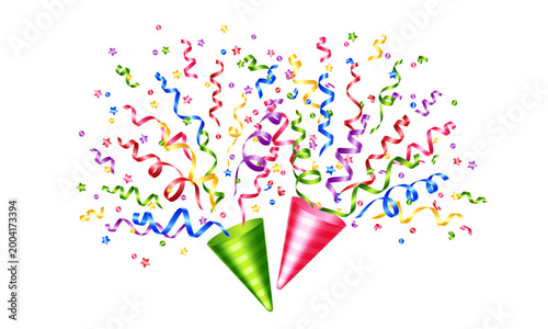 Vector exploding realistic party popper with colorful ribbons and confetti. Decor for invitation, greeting card, banner for anniversary or birthday.