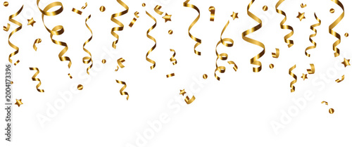 Vector golden flying ribbons and confetti isolated on a transparent background. Festive decor elements. Golden streamers.