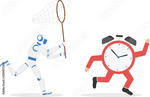 Robot with net chasing flying office clock