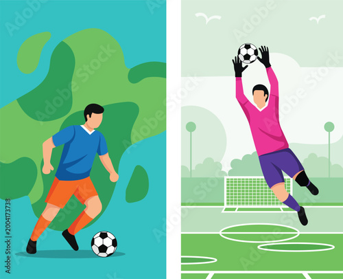 Two soccer players in blue and pink uniforms competing for the ball