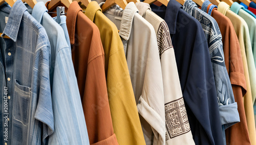 Assortment of Collared Shirts: A colorful and varied collection of button-up shirts hangs neatly on wooden hangers, displaying different patterns and fabrics.