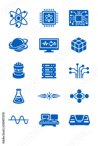 Computer node qubit orbital icon science data server vector model simple generation