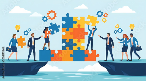 Professional corporate partners collaborate on strategic solution using jigsaw puzzle pieces symbolising teamwork building synergy and successful connection for business innovation growth