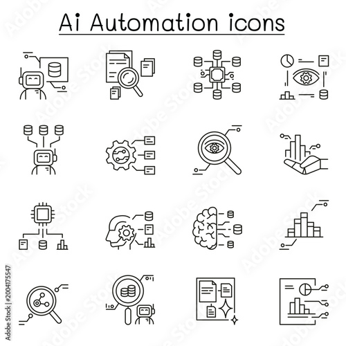 Ai automation icon set line, minimal modern symbol design