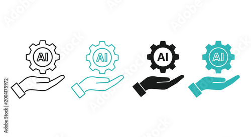 Gear set with AI symbol in hand illustrations for technology concepts featuring AI, illustration,
