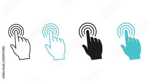 Hand drawn set with black and blue color schemes showing finger touching screen with various ripple