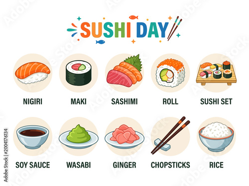 A vibrant collection of Japanese sushi dishes and accompaniments, perfect for celebrating sushi day with delicious food