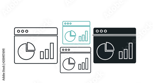 Windows displaying pie charts and bar graphs with data visualization featuring analytics,
