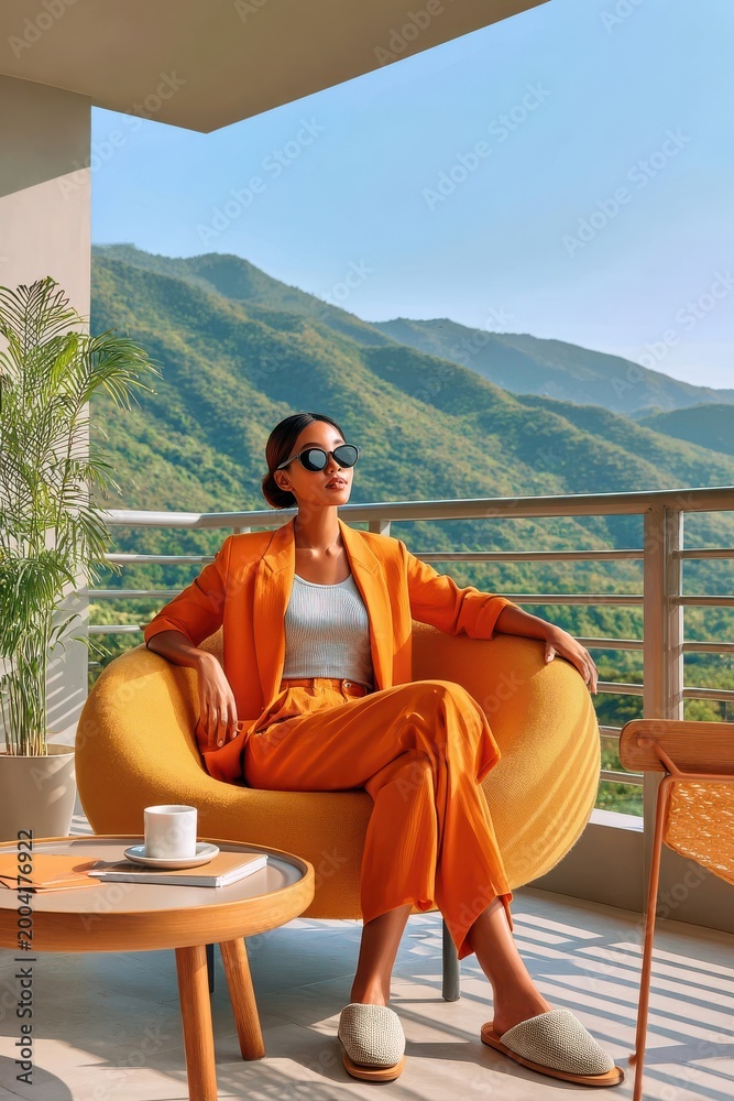 Fototapeta premium Stylish woman in orange suit relaxing on a balcony with mountain view and sunny mood