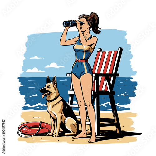 Female lifeguard looking through binoculars with German Shepherd dog on beach, retro comic book style vector illustration for summer safety