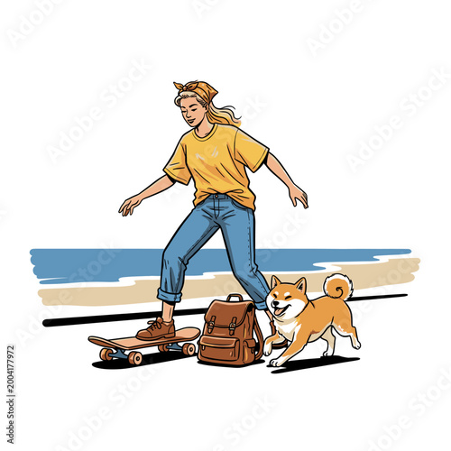 Young woman skateboarding on beach with Shiba Inu dog and backpack, summer lifestyle vector illustration for travel and leisure design