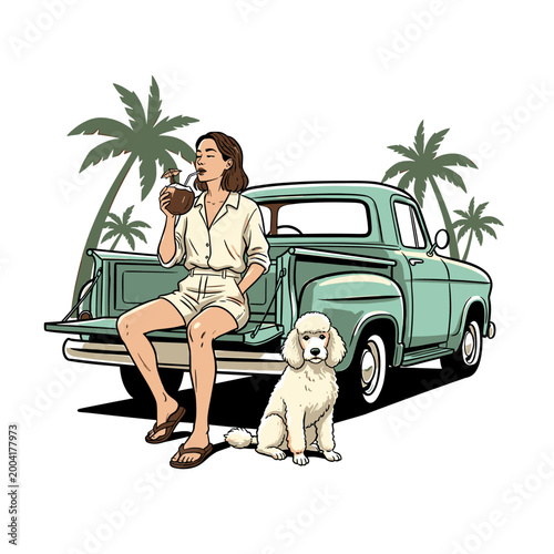 Young woman sitting on vintage pickup truck drinking coconut with poodle dog, retro summer vacation vector illustration for t-shirt design