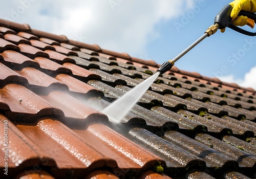 Roof cleaning with high pressure water spray pressure washing