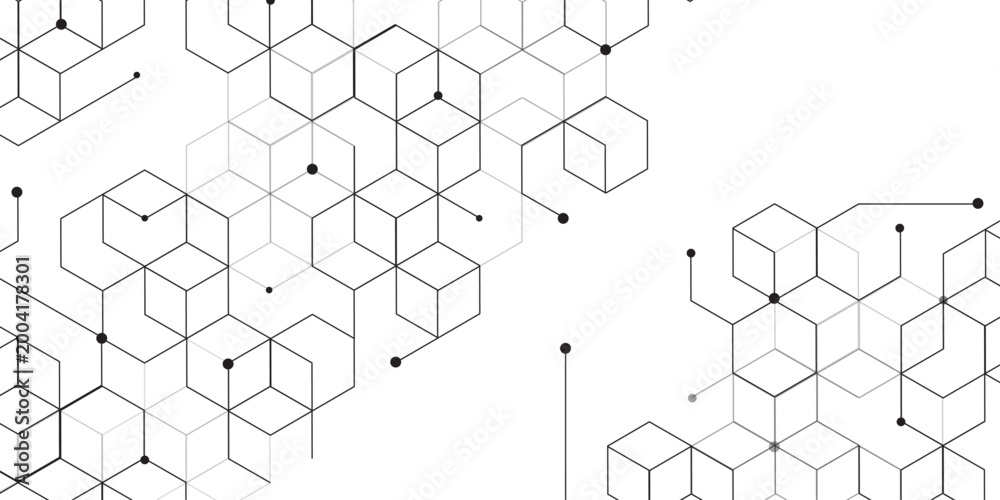 Obraz premium Molecular structure abstract tech background. Geometric white background. Vector banner design with hexagons. Science network pattern, connecting lines and dots Medical background, Vector illustration